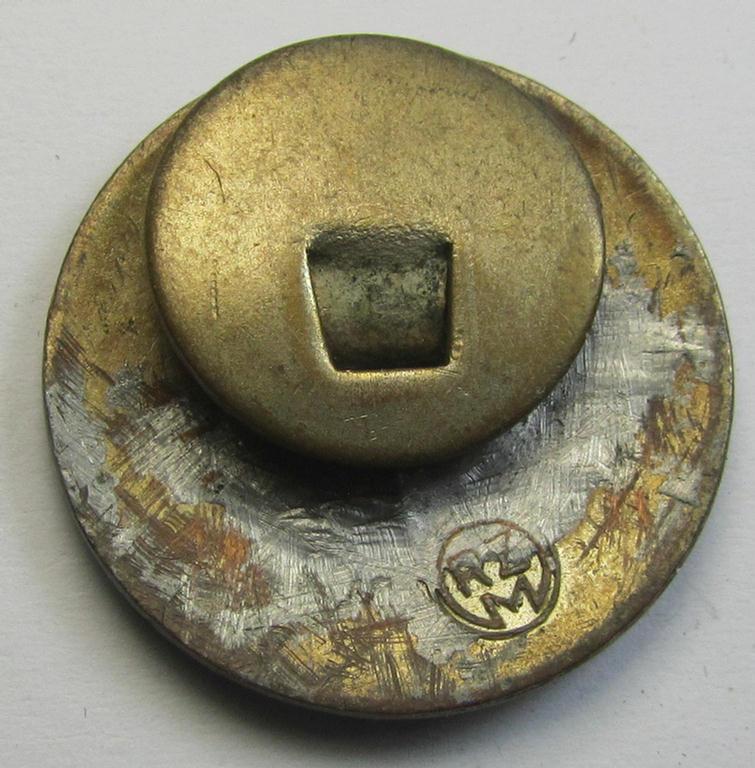 Attractive - darker-red-coloured, period-repaired but still nicely preserved! - 'N.S.D.A.P.'-supporter-pin- ie. party-badge (or: 'Parteiabzeichen') being a regular-sized specimen that shows an 'RzM'-makers'-designation