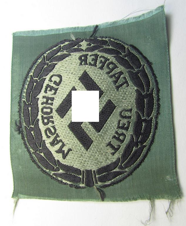 Attractive - and actually scarcely encountered! - (I deem) EM- (ie. NCO-) type, so-called: 'Schutzmannschaften' (or: 'Schuma') armshield as executed in greyish-coloured thread on a black-coloured- (ie. 'Polizei'-related-) background