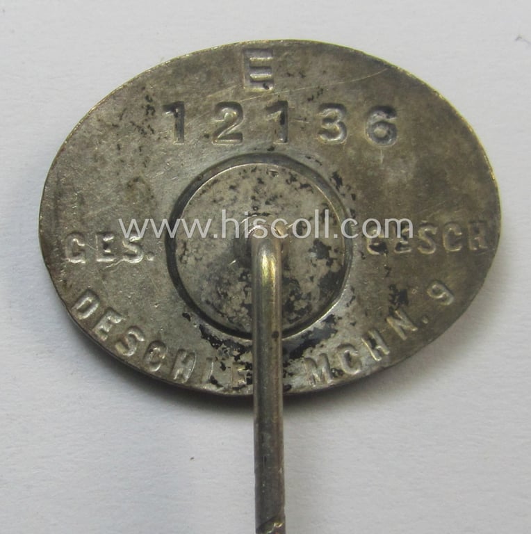 SS (ie. 'Allgemeine SS') civil-attire- ie. supporting-members' lapel-pin (ie. 'förderndes Mitgliedsabzeichen der SS') being a detailed example that shows a clearly-present makers'-designation and unique serial-number ('E 12136')