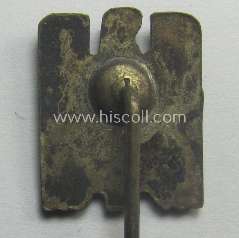 Interesting, 14 mm.-sized miniature of a: DRK (ie. 'Deutsches Rotes Kreuz') civil-attire badge (ie. 'Zivilabzeichen des D.R.K.') being a detailed example that is void of a makers'- (nor 'Ges.Gesch.'-patent-), designation