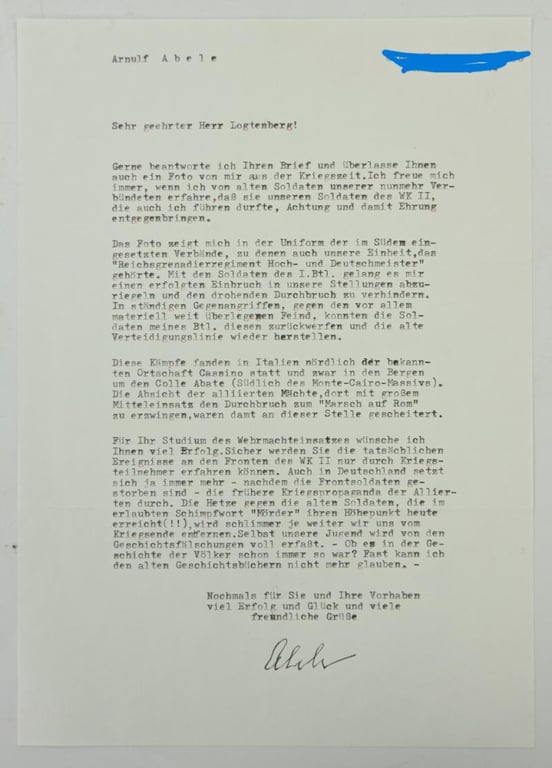 Signature of Wehrmacht Heer KC Recipient 'Arnulf Abele'