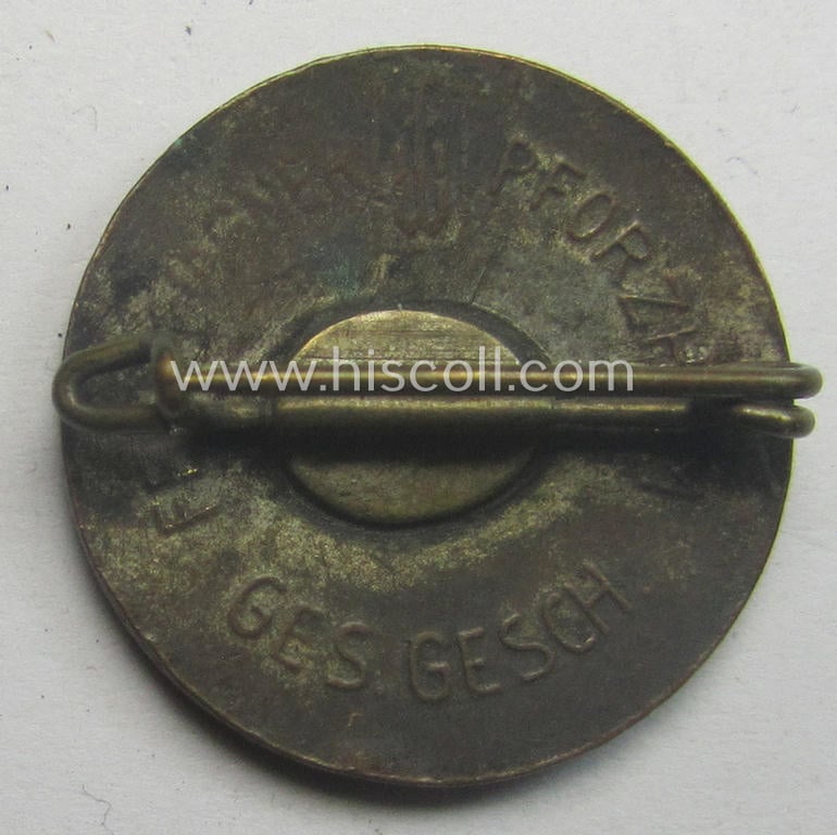 Neatly enamelled- (and bright-red-coloured!) I deem early-period, so-called: 'N.S.D.A.P.'-supporters'-badge (sized like a 'Parteiabzeichen' and showing the text: 'Nun erst Recht!') and that comes in a wonderful condition