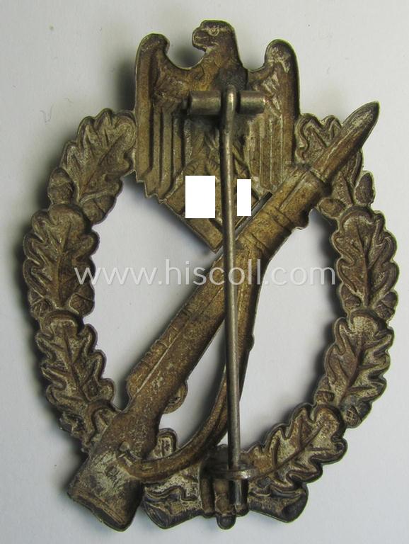 Superb, 'Infanterie Sturmabzeichen in Silber' (or: silver-class infantry-assault-badge ie. IAB) being a non-maker-marked, 'Buntmetall'-based so-called: 'hollow-back'-example as was produced by the: 'Otto Schickle'-company