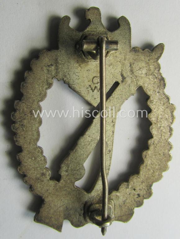 Attractive, 'Infanterie-Sturmabzeichen in Silber' (or: silver-class infantry-assault badge ie. IAB) being a neatly maker- (ie. 'C.W'- or: 'Carl Wild'-) marked example as executed in truly 'frosted', silverish-coloured 'Feinzink'