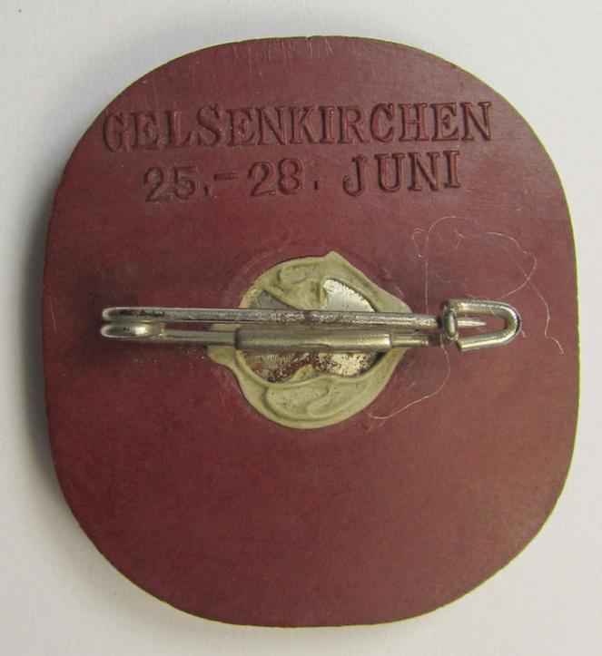 Reddish-brown-coloured- and 'molded'-style, N.S.D.A.P.-related day-badge (ie. 'tinnie' or: 'Veranstaltungsabzeichen') bearing the text: 'Gautreffen - Westfalen-Nord - 1937' (showing the text: 'Gelsenkirchen - 25.-28. Juni' on its back)