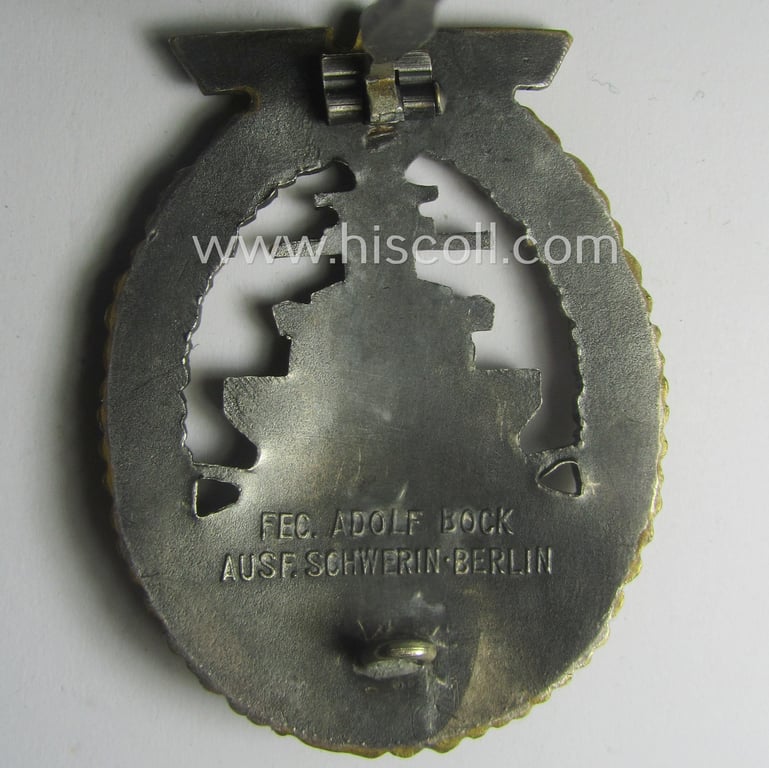 Superb - albeit moderately worn! - luxuriously-styled WH (KM) 'Flottenkriegsabzeichen' (or: high-sea fleet badge) being a maker-marked example as executed in typical 'Buntmetall' as produced by the maker: 'Fec. Adolf Bock - Ausf. Schwerin - Berlin'