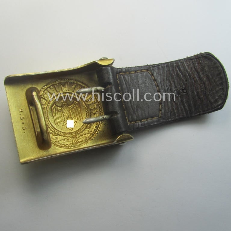 Stunning, WH (Kriegsmarine) bright-golden-toned- and/or aluminium-based belt-buckle (being a maker- ie.: 'R.S.&S.'-marked (and '1938'-dated!) example that comes mounted onto its leather-based tongue