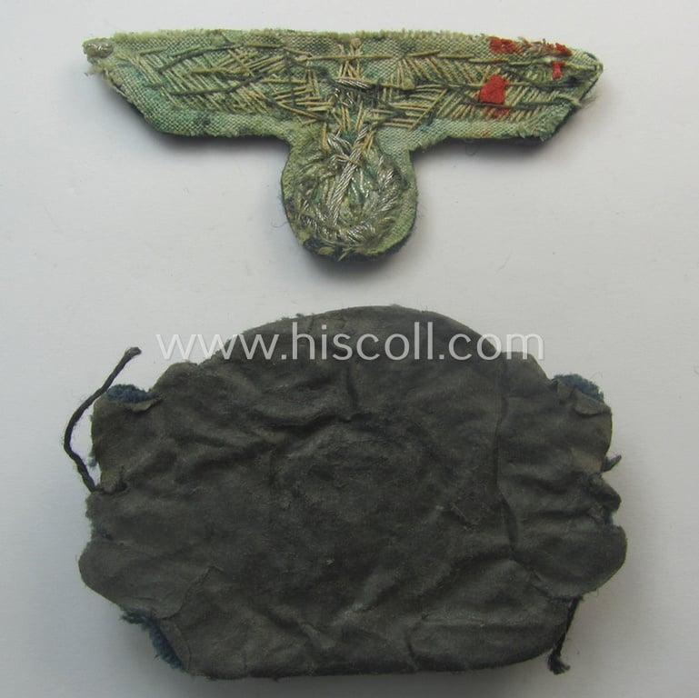 Clearly used- and/or cap-removed, WH (Heeres) officers'-pattern, visor-cap eagle/cocarde-set (ie. 'Effektensatz für Schirmmütze') being both hand-embroidered examples that come mounted onto a darker-green-coloured- and/or woolen-based background