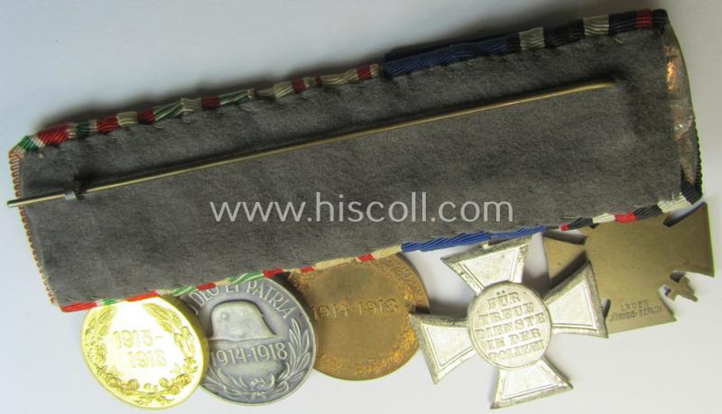 Superb, 5-pieced WWI- (ie. TR-) related medal-bar (ie. 'Ordenspange') resp. depicting an: 'FKK 1914-18 mit Schw.', a: 'Polizei-Dienstauszeichnung 2. Stufe' (or: police loyal-service medal 2nd class) and three Austrian WWI commemorative medals