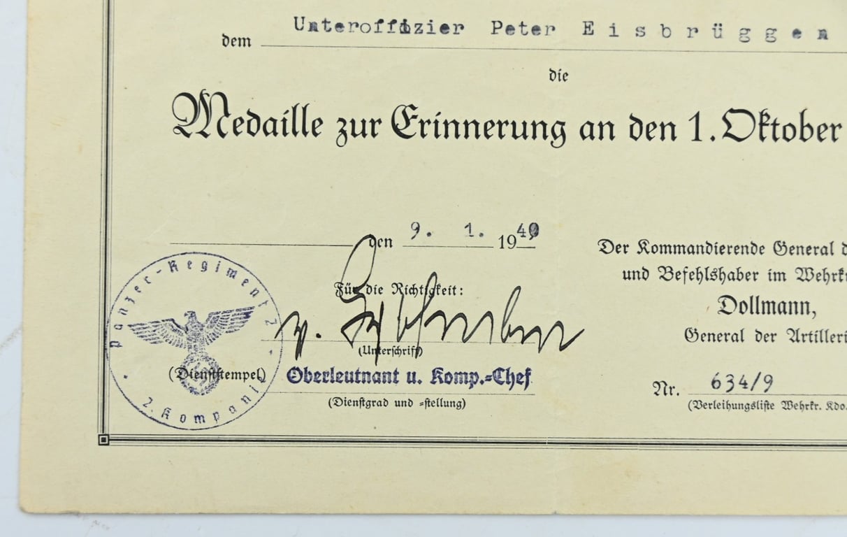 German 1 October 1938 medal Certificate