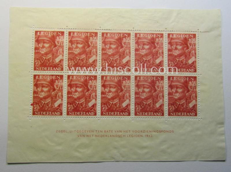 Neat - and complete! - set comprising of two Dutch 'blocks' of resp. 10 (ie. 4) postage-stamps, both as issued in mid-1942 in order to raise funds for the: 'Voorzieningsfonds' of the Dutch Legion (ie. for the Waffen-SS volunteers)