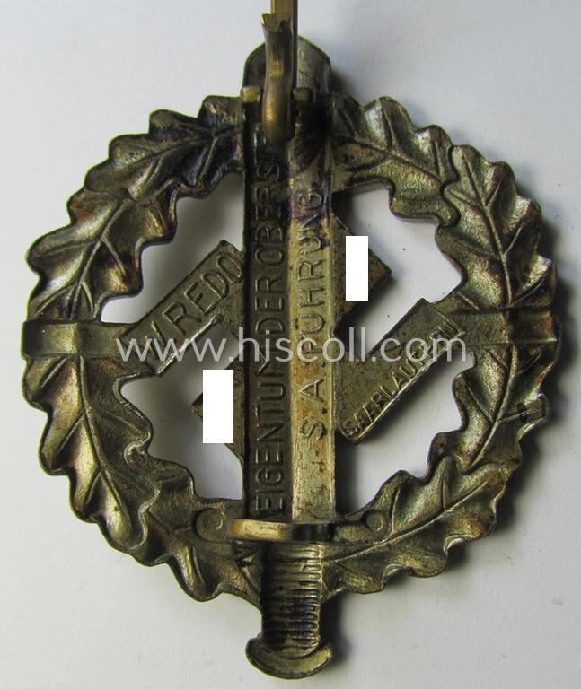 Neat - and just minimally used! - early- (ie. mid-) war period example of an: 'SA-Sportabzeichen in Bronze' being a nicely maker- (ie. 'W. Redo - Saarlautern'-) marked example that is void of an an impressed bearers'-number