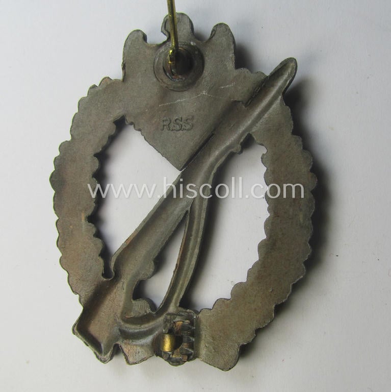 Hardly used, 'Infanterie Sturmabzeichen in Bronze' being a clearly maker- (ie. 'RS&S'-) marked, 'semi-hollow-back' example by the desirable maker: 'Richard Sieper u. Söhne' as was executed in golden-bronze-coloured, zinc-based metal
