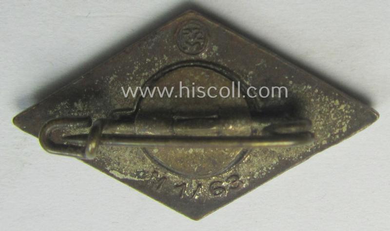 HJ (ie. 'Hitlerjugend') enamelled lapel-pin (ie.: 'Raute') with a: 'RzM - M1/63'-makers'-designation