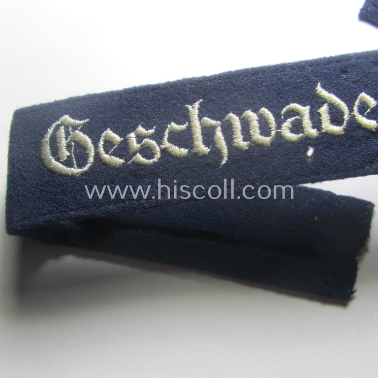 Truly worn, WH (Luftwaffe) cuff-title ie. armband (ie. 'Ärmelstreifen') entitled: 'Geschwader Hindeburg' that comes in a clearly issued- and/or moderately worn, condition