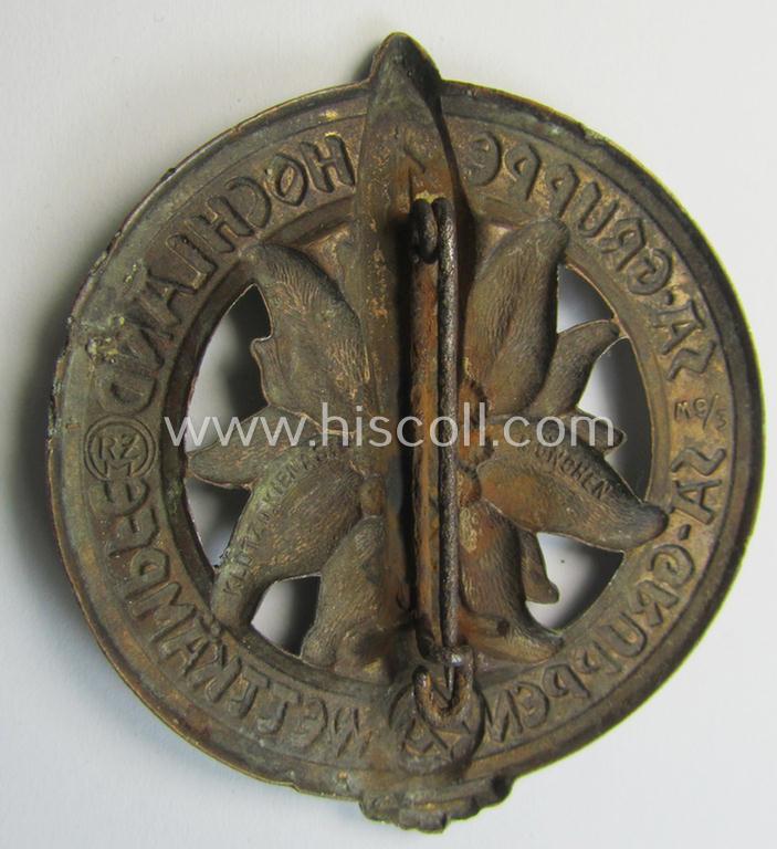 Commemorative, copper-toned- and zinc-based, SA-related 'tinnie', being a maker- (ie. 'Klotz u. Kienast'-) marked example depicting an 'Edelweiss'-flower, sword and SA-logo surrounded by the text: 'SA-Gruppe Hochland - SA-Gruppenwettkämpfe 193...
