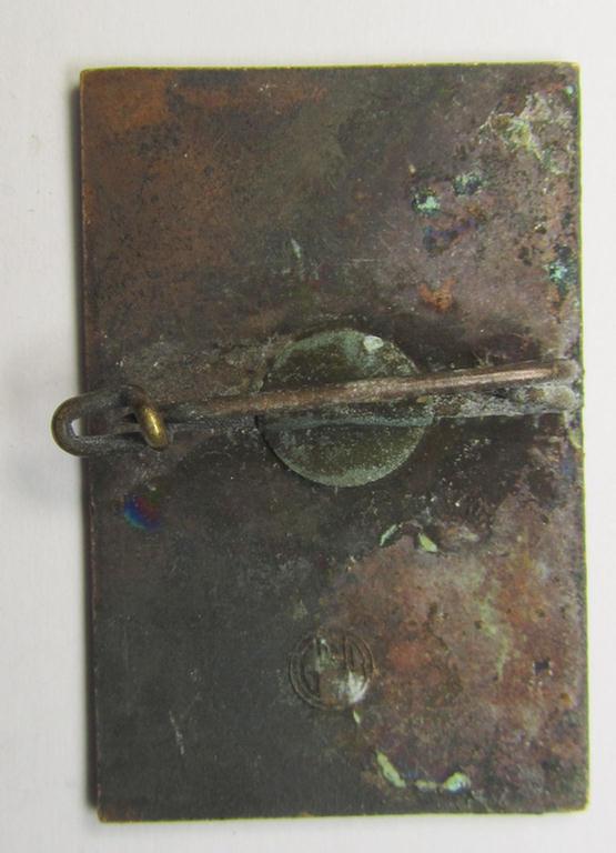 Bright-red enamelled, N.S.D.A.P.- (ie. 'DAF'-) related day-badge (ie. 'tinnie') as was issued to commemorate a specific-gathering ie. rally entitled: 'Deine Hand - Dem Handwerk'