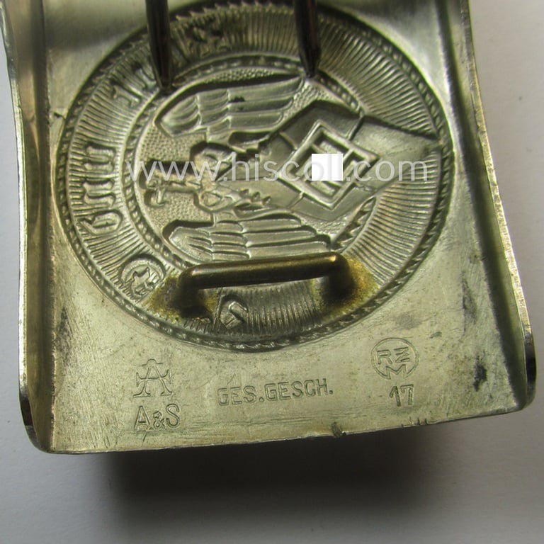 HJ (ie. 'Hitlerjugend') nickle-chrome-based belt-buckle being a neatly (double!) maker (ie. 'RzM 17' and/or 'A' ie. 'Assmann & Söhne') marked specimen