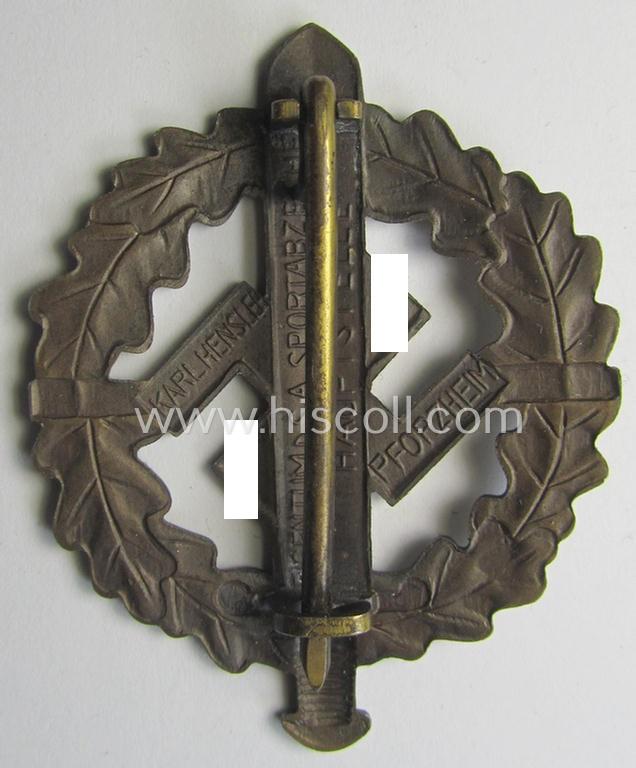 Superb, early- (ie. eventually pre-war-) period example of an: 'SA-Sportabzeichen in Bronze' being a clearly maker- (ie. 'Karl Hensler - Pforzheim'-) marked example that comes in an overall very nice- (ie. 'virtually mint'-), condition
