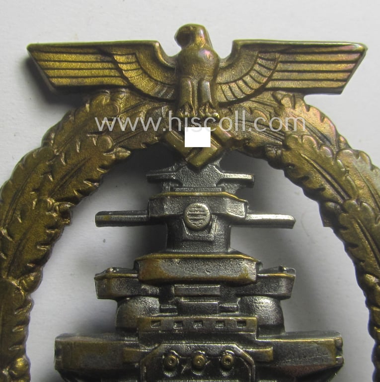 Superb - albeit moderately worn! - luxuriously-styled WH (KM) 'Flottenkriegsabzeichen' (or: high-sea fleet badge) being a maker-marked example as executed in typical 'Buntmetall' as produced by the maker: 'Fec. Adolf Bock - Ausf. Schwerin - Berlin'