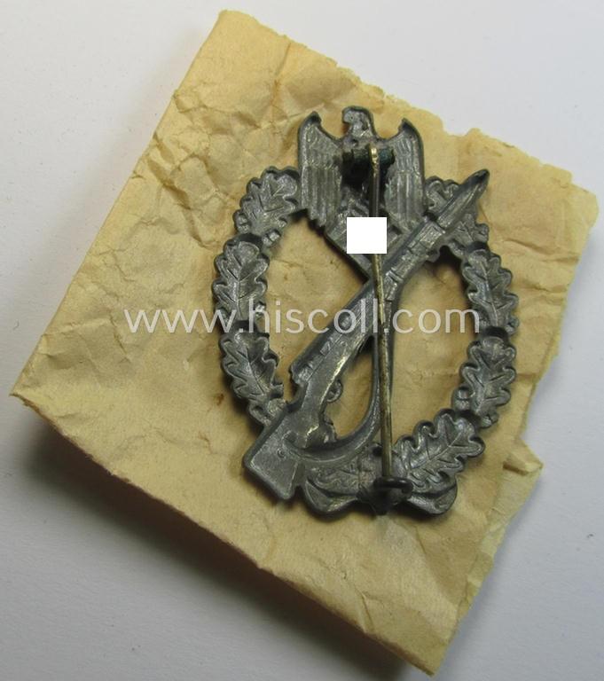 Attractive, 'Infanterie Sturmabzeichen in Silber', being an unmarked (and/or converse- ie. vaulted-) 'hollow-back' example by the maker: 'Friedrich Linden' (ie. 'F.L.L.') as executed in greyish-silver-coloured, zinc-based metal (ie. 'Feinzin...