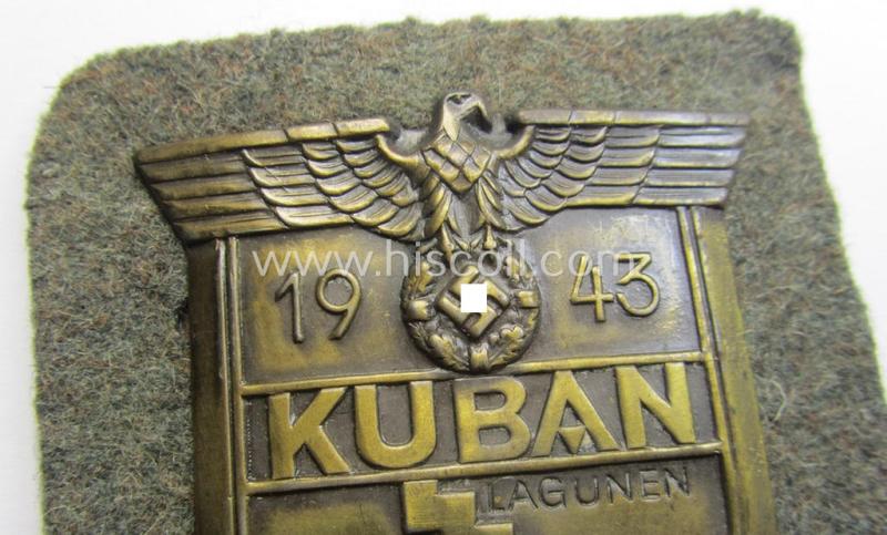 WH (Heeres ie. Waffen-SS) 'Kuban'-campaign-shield that comes mounted onto its original field-grey-coloured- and/or woolen-based 'backing'
