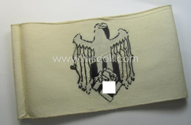 Linnen-based- and/or BeVo-'machine-woven', beige-white-coloured armband (ie. 'Armbinde') showing a woven eagle-device as was specifically intended for (civilian) staff-members (ie. 'Zivilangestellten') of the armed forces ie. 'Deutsche Wehrmac...