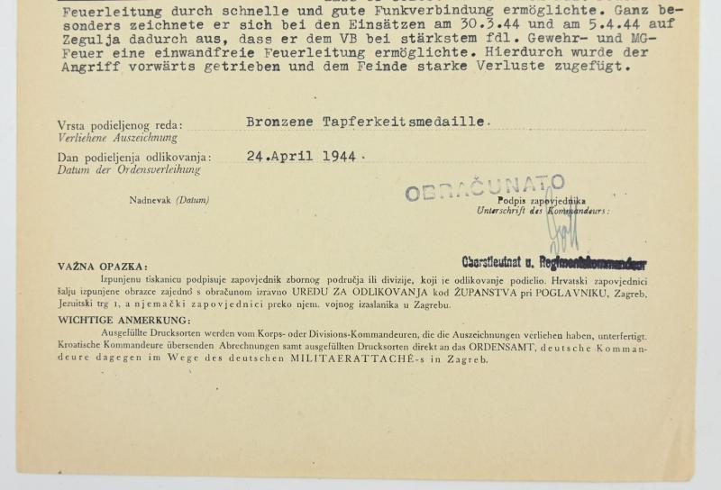 Croatian/German WW2 Bronze Bravery Medal Certificate 'Herbert Lieflander'