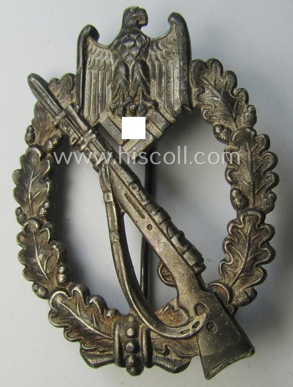 Attractive, 'Infanterie-Sturmabzeichen in Silber' (or: silver-class infantry-assault badge ie. IAB) being a neatly maker- (ie. 'C.W'- or: 'Carl Wild'-) marked example as executed in truly 'frosted', silverish-grey-coloured 'Feinzink'