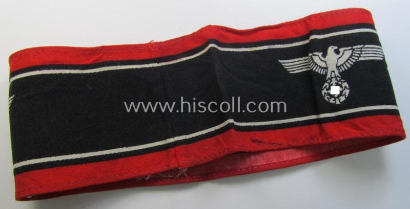 Superb, typically printed- and/or later-war-period, bright-red- and/or black-coloured so-called: 'Deutscher Volkssturm'-armband (ie. 'Armbinde') that comes in an overall very nice- (I deem hardly used- nor worn- ie. 'virtually mint'-), conditio...