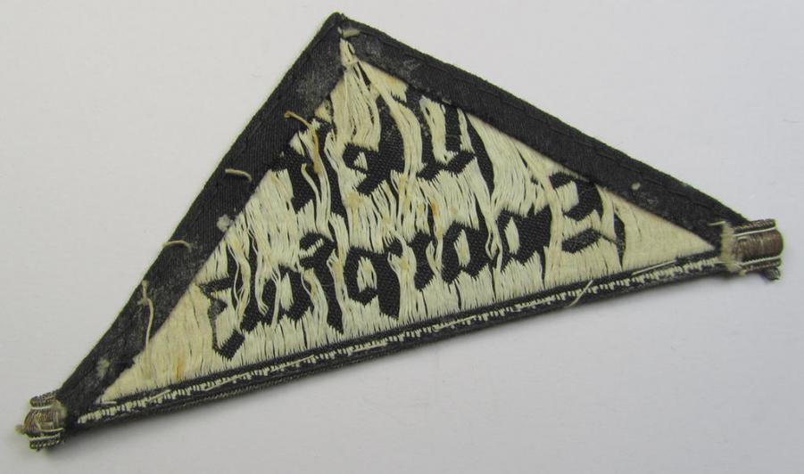 HJ- ie. BDM (ie. 'Hitlerjugend' or: 'Bund Deutscher Mädel') district-triangle (ie. 'Gebietsdreieck') entitled: 'West Saarpfalz' (showing a period-attached, silver-toned 'honorary rank-stripe' signifying BDM-membership before 1933)