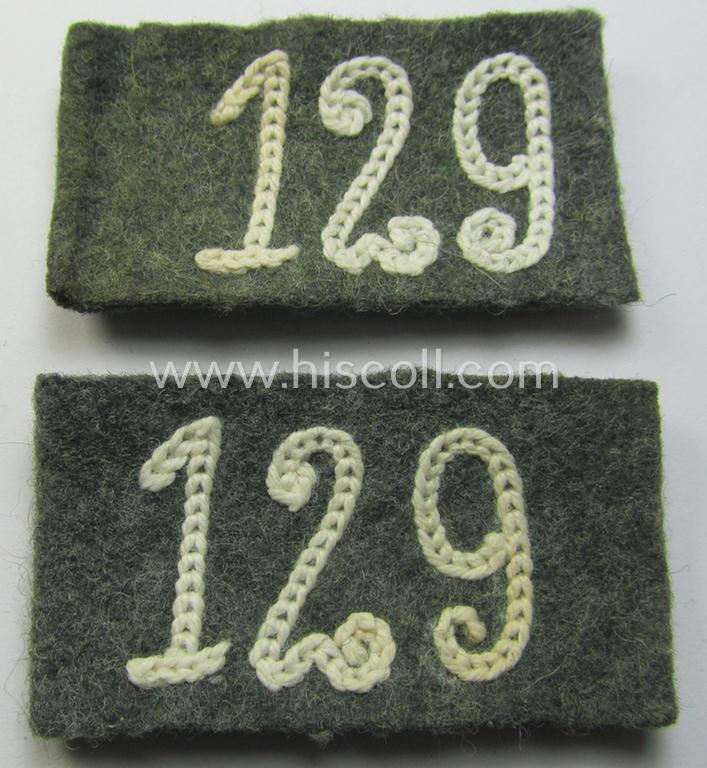 Attractive - fully matching and scarcely found! - pair of WH (Heeres) 'Infanterie'-related, so-called: regimental shoulderstrap-'slip-ons' (ie. 'Schulterstück-Überschuben') as was intended for usage by a: 'Soldat des Infanterie-Regiments 129'