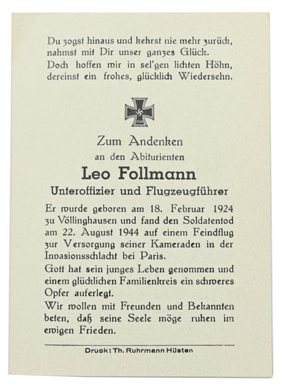 German LW Deathcard 'Flugzeugfuhrer Leo Follmann'