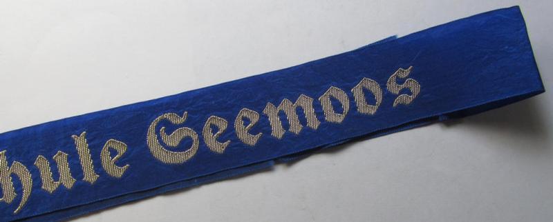 Superb - and with certainty very rarely encountered! - Marine-HJ (ie. 'Marine-Hitlerjugend') cap-tally (ie. 'Mützenband') entitled: 'Wassersportschule Seemoos' (being a full-length example that comes in an overall nice condition)