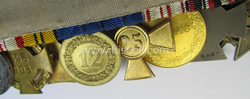 Superb, 8-pieced WWI- ie. TR-period medal-bar (ie. 'Ordenspange') showing resp. a: 'KvK II.Kl. m. Schw.',a: FKK 1914-18 o. Schw.', two: WH (Heeres) 'DA' (of the: '1. u. 3. St.') and four Austrian WWI-commemorative- ie. service medals