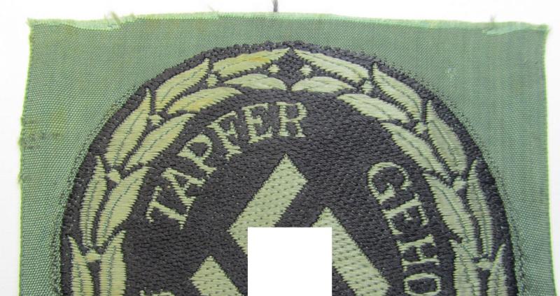 Attractive - and actually scarcely encountered! - (I deem) EM- (ie. NCO-) type, so-called: 'Schutzmannschaften' (or: 'Schuma') armshield as executed in greyish-coloured thread on a black-coloured- (ie. 'Polizei'-related-) background
