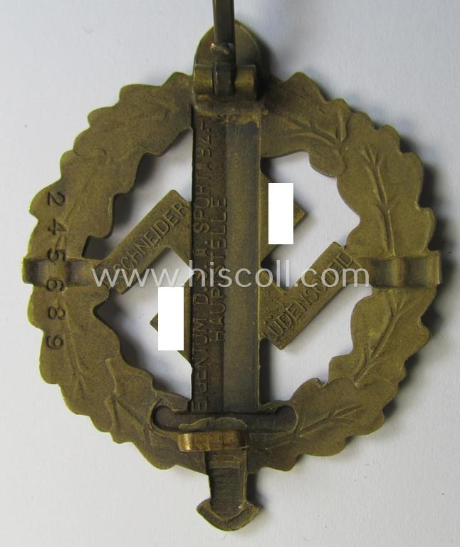Early- (ie. pre-) war-period 'SA Sportabzeichen in Bronze' being a nicely maker- (ie. 'E. Schneider'-) marked example that bears a unique, stamped bearers'-number that reads: '245689' on its back
