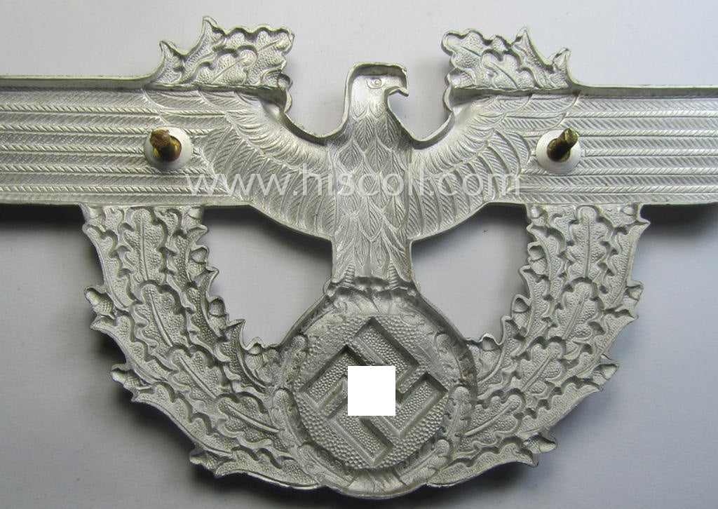 'Standard-issue'-pattern- and aluminium-based, 'Polizei'- (ie. police) 'Tschako' cap-eagle being a bright-silver-coloured- and/or non-maker-marked example as was intended for usage on the various 'Polizei' (ie. police) 'Tschakos'