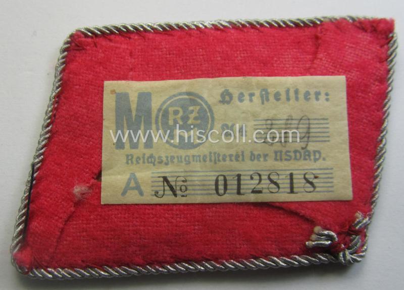 Regrettably single, high-ranked SA (ie. 'Sturmabteilungen') hand-embroidered, bright-pink-coloured general-officers'-type collar-tab (ie. 'Kragenspiegel für Generale') for an: 'SA-Brigadeführer' (still retaining its 'RzM'-etiket)