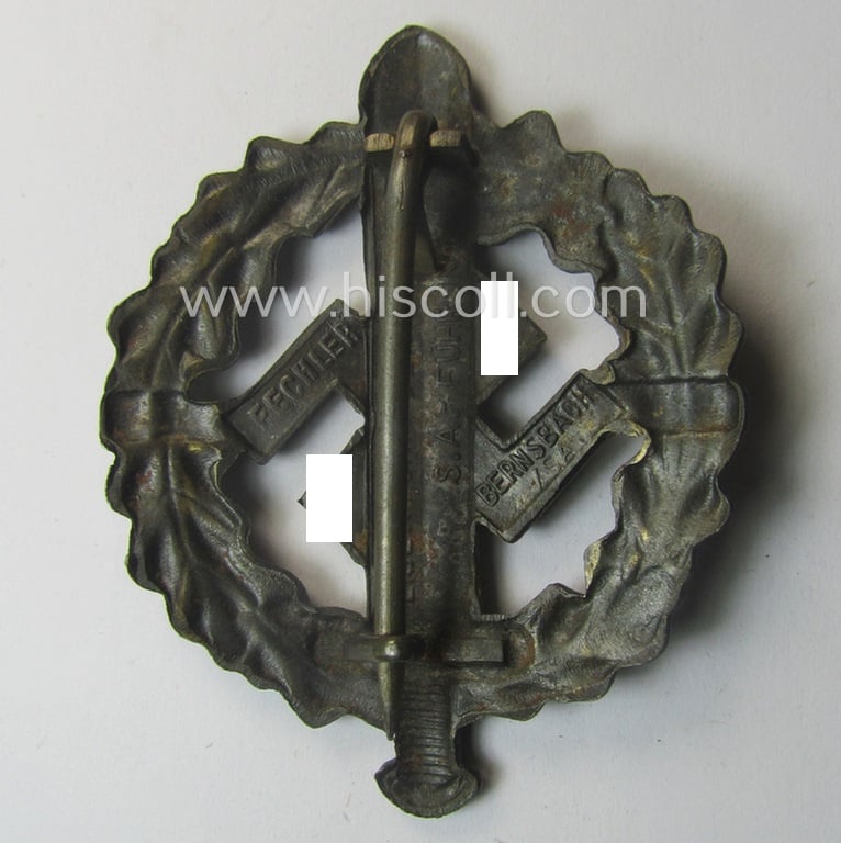 Later- (ie. mid-) war-period example of an: 'SA-Sportabzeichen in Bronze' being a detailed and/or neatly maker- (ie. 'Fechler - Bernsbach i. Sa.'-) marked example that is void of a bearers'-number