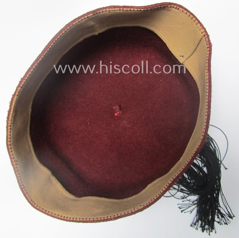 Superb, maroon-red-coloured, Waffen-SS-pattern so-called: 'Fez' having a neat - and fully matching! - silver-grey-coloured- and/or 'BeVo'-woven insignia-set originally- (ie. 'off-factory'-) attached