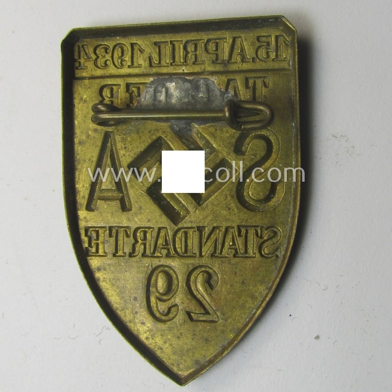 Commemorative - rarely found and early-period! - golden-toned SA- (ie. 'Sturmabteilungen'-) related 'tinnie' entitled: 'Tag der SA Standarte 29 - 15. April 1934'