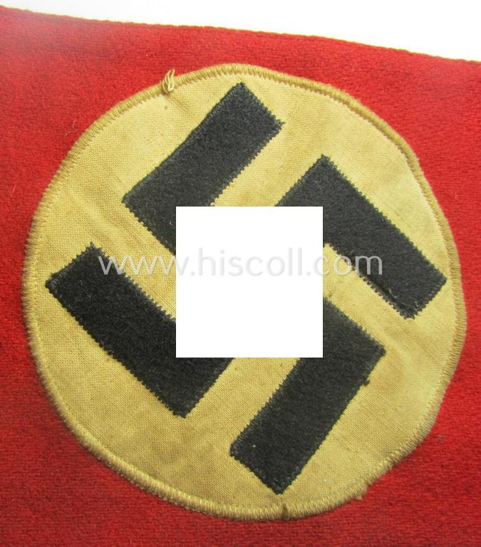 Truly used- and/or worn N.S.D.A.P.-pattern, smooth-woolen-based swastika-armband (ie. 'Armbinde') that misses its 'RzM'-etiket