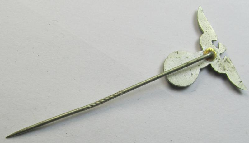 Silverish-coloured - and truly very detailed! - so-called: 'N.S.D.A.P.'-supporter- (ie. membership-) lapel-pin (ie. 'tie'-pin) being a non-maker-marked example showing a pronounced (early pattern) 'Reichsadler'-device