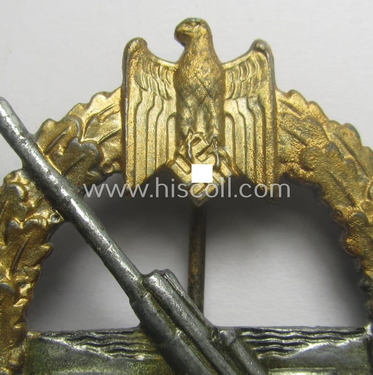 WH (Kriegsmarine) 'Marine-Artillerie-Abzeichen' being a typical non-maker-marked- and/or zinc- (ie. 'Feinzink'-) based example as was (presumably) produced by the: 'Alois Rettenmaier'-company