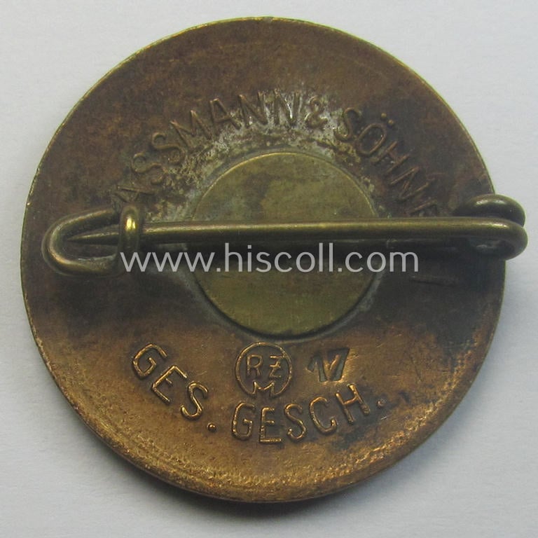 Early-pattern - and rarely encountered! - 'N.S.D.A.P. - Parteiabzeichen' being an: 'Assmann & Söhne'-marked example that is also showing a so-called: 'Ges.Gesch.'-patent-pending- and/or: 'RzM - M1/17'-designation