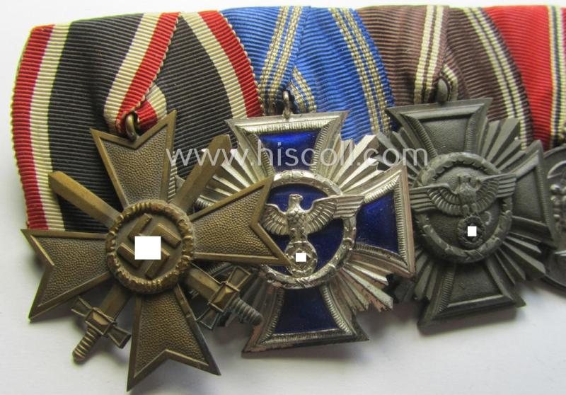 6-pieced N.S.D.A.P.-related 'Ordenspange' showing a: 'KvK II.Kl. m. S.', a: D.A. in Silber' (ie. '2. Stf. für 15 Jahre t.D.'), a: 'D.A. in Bronze' (ie. '3. Stf. für 10 Jahre t.D.') two 'Anschluss'-medals and a: 'Westwall'-medal