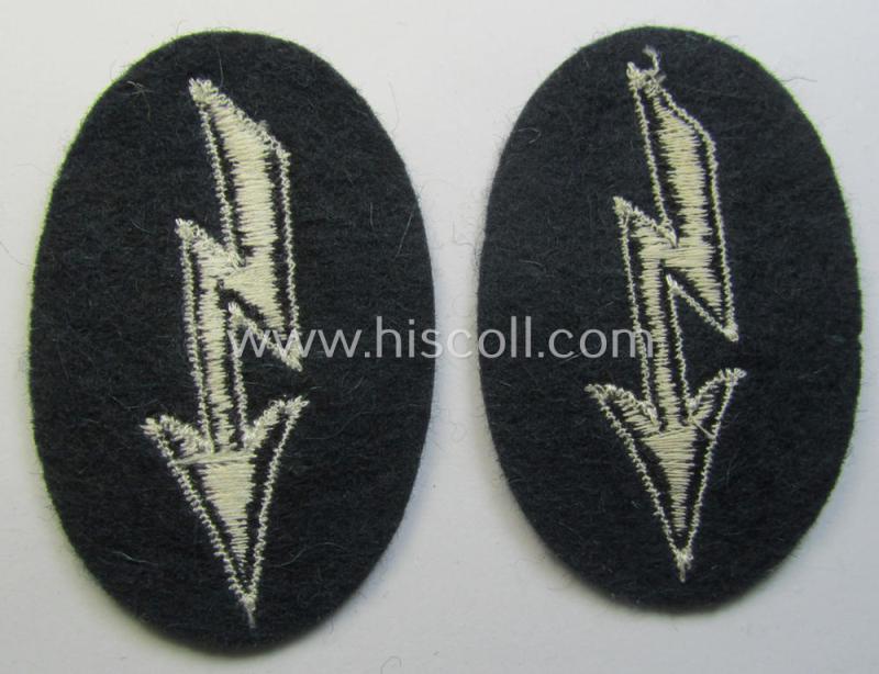 WH (Heeres) trade- and/or special-career-insignia ie. machine-embroidered 'signal-blitz' being a non-maker-marked example as executed in black-coloured and white-piped linnen as was specifically intended for a soldier within the: 'Pionier-Truppen...