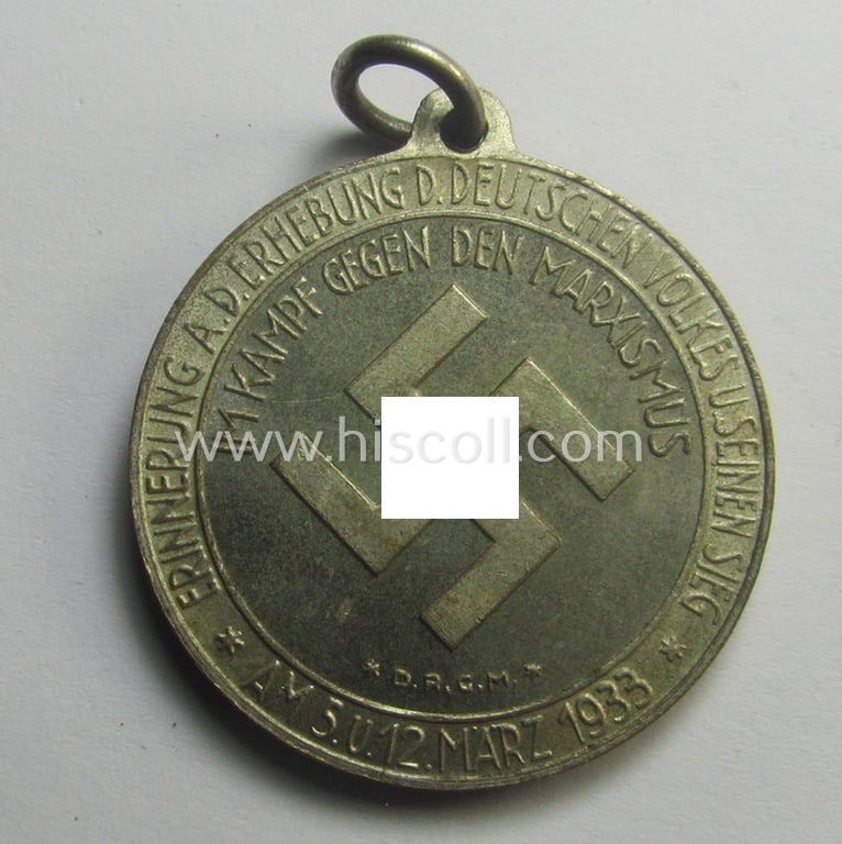 Unusual - and frosted-silver-toned! - so-called: patriotic, commemorative-medal (or: 'Veranstaltungsmedaille') that shows the portraits of the: 'Reichskanzler' von Hindenburg and Adolf Hitler and text: 'Deutsche Nationale Erhebung - März 1933'