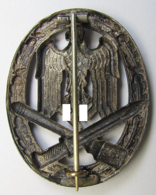 Superb - and actually scarely seen! - 'Allgemeines Sturmabzeichen' (or: General Assault Badge ie. GAB) being a non-maker-marked, typical zinc- (ie. 'Feinzink') 'cut-out swastika'-variant as was produced by the: 'Gebr. Wegerhoff'-company